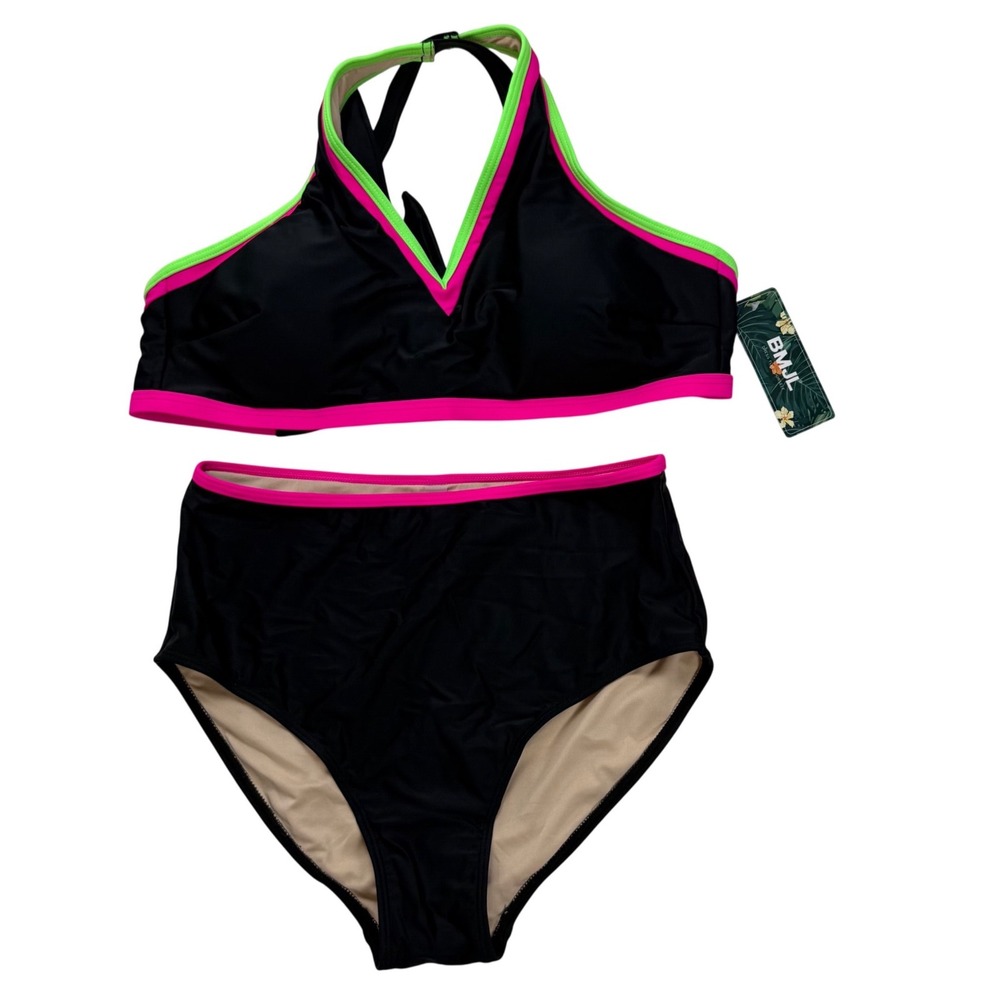 BMJL Womens High Waisted Bikini Set Neon Pink Green Black Halter Top Size M NEW‎